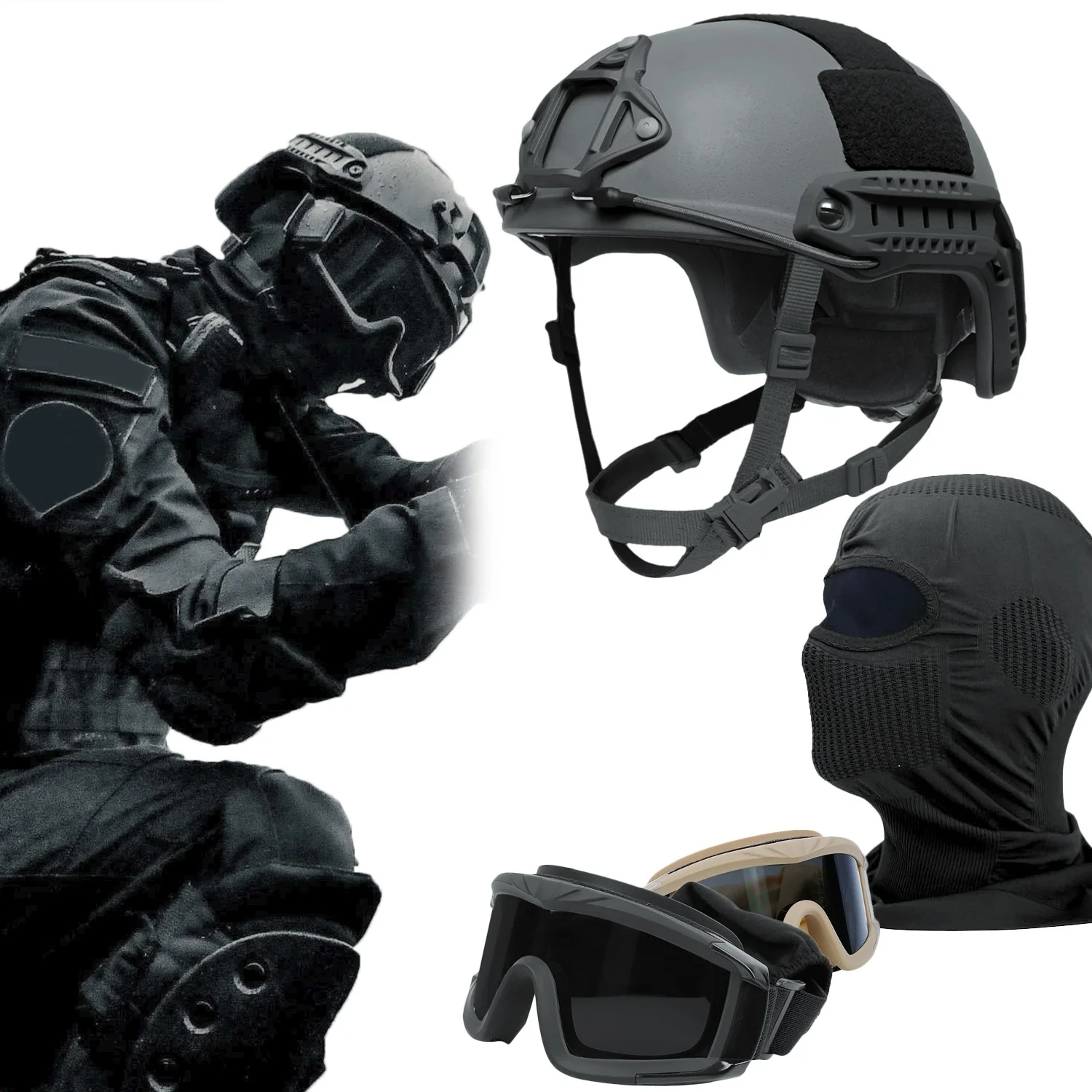 Airsoft Paintball FAST Helmet - 5 Pack Set - 2 PCS Tactical Goggles - Balaclava - Extra Helmet Cover - for Airsoft War Game