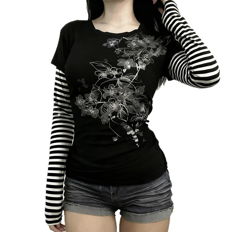2026 striped patchwork sleeves women's slim fit shirt short sleeved music note print black and white Y2K aesthetic casual party