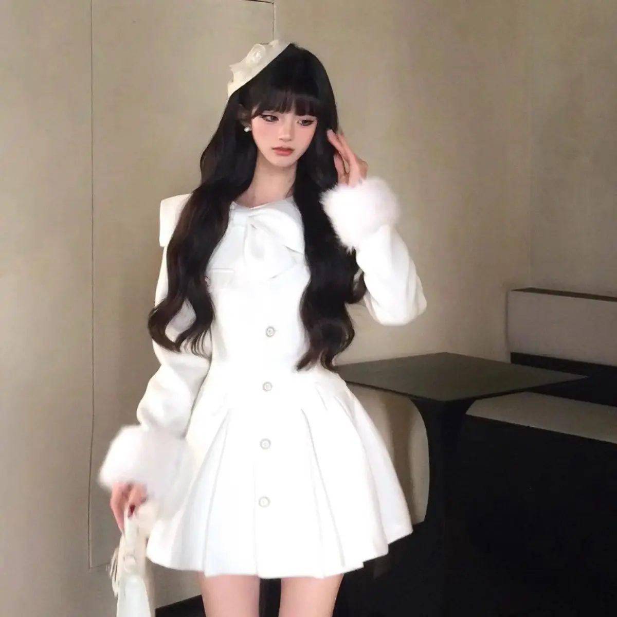 

Autumn White French Vintage Dress Women Bow Casual Button Party Mini Dress Female Korean Fashion Designer Sweet Dress 2025 New