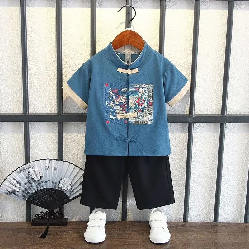 Chinesische Art Baumwolle Leinen Kinder kurze Ärmel Tang Anzug Jungen Sommer Vintage dünne Hanfu zweiteilige Anzug Tops Hosen Kung Fu