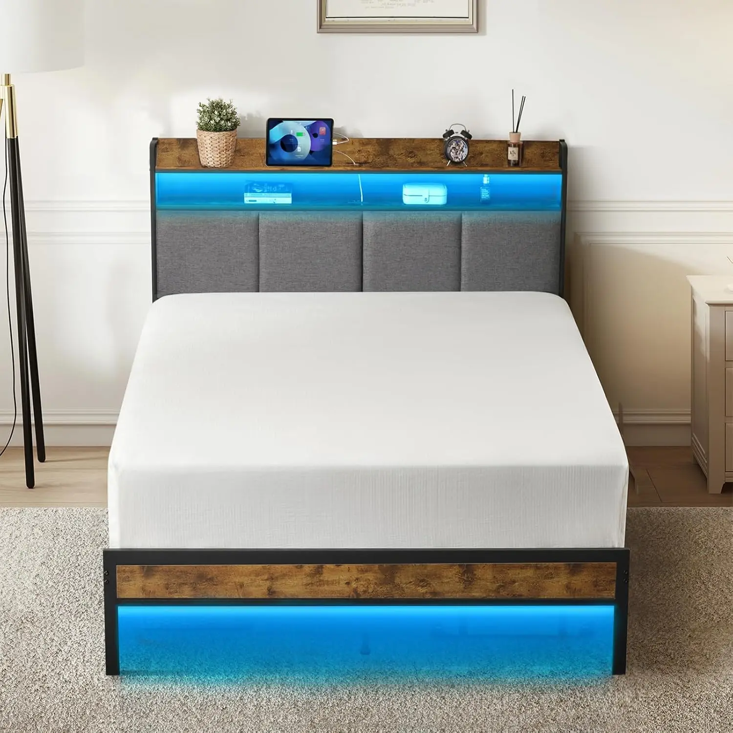 

Upgraded Twin Bed Frame with Soft Cushioned Headboard, Metal Platform Bed, Double Layered Storage Space