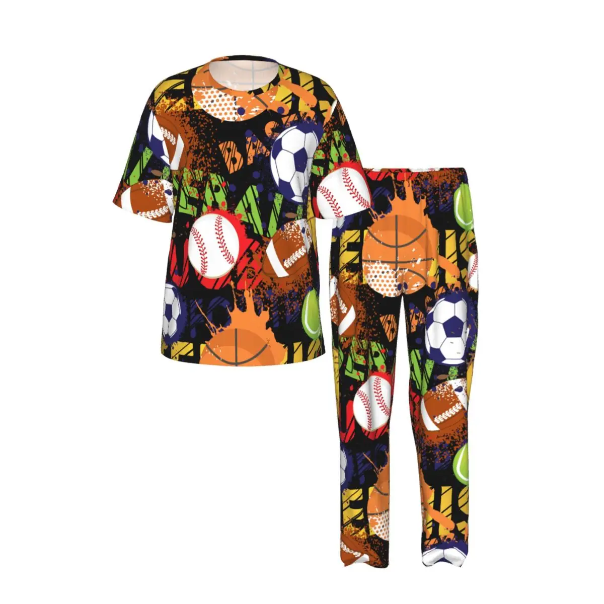 Men Pajamas Set Sport Balls Baseball Basketball Soccer Football Short Sleeve Spring Summer Lounge Sleepwear Male Nightwear