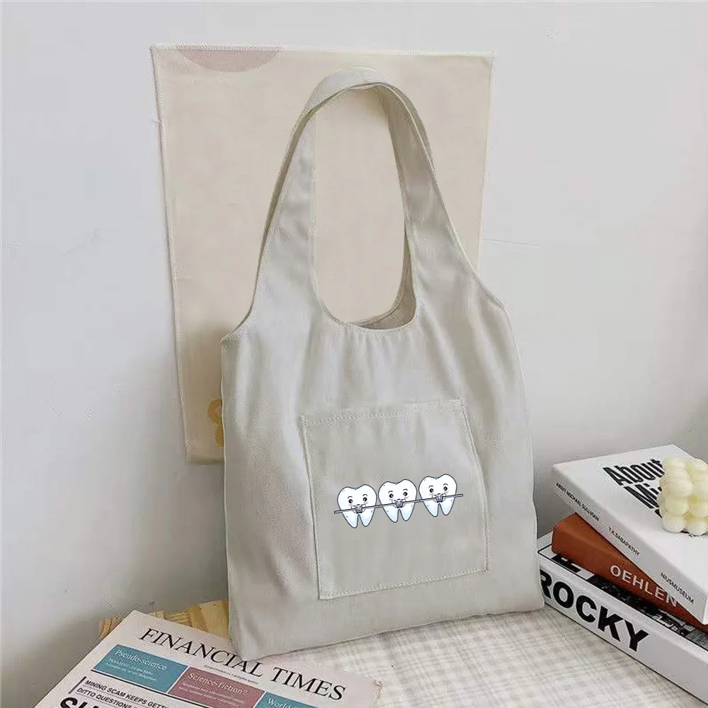 Women Shopper Organizer Bag Canvas Tote Bag Fashion Teeth Print Shoulder Bag Reusable Supermarket Tote Shopping Bag Casual