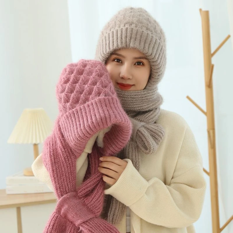 

2 in 1 Winter Soft Warm Beanie Scarf Hat Women Knit Hooded Balaclava Hat with Plush Liner Outdoor Activity Pullover Shawl Hat