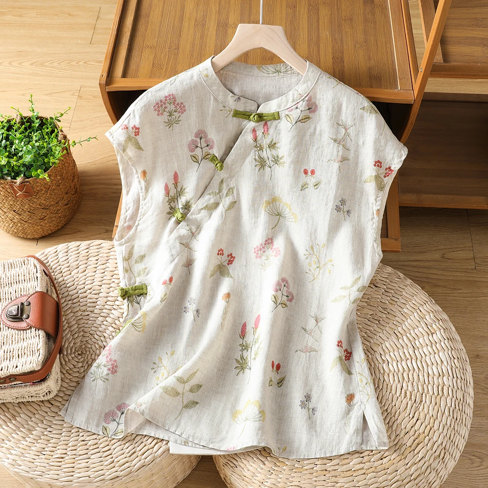 

Loose Women's T-Shirt Summer New Lazy Style Large Size Cotton Linen Base Shirt Printed Casual Artistic Commute Style Top