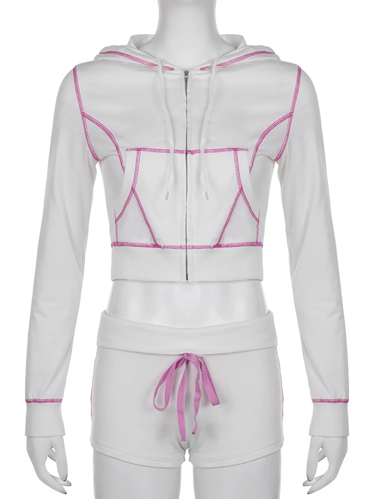 Rockmore Two Piece Set Pink Bright Line Hoodie Tracksuit Women Casual Sweatshirt Coat Y2K Low Waist Shorts Outfits 2PCS Clothes