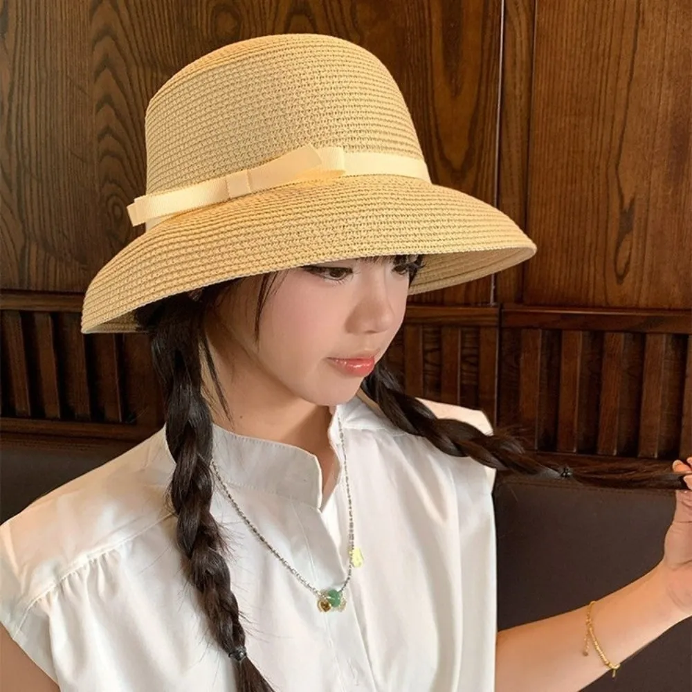 UV Protection Straw Hat for Women Windproof Bow Ribbon Decor Summer Sun Hats Versatile Breathable Beach Hats Photography Props