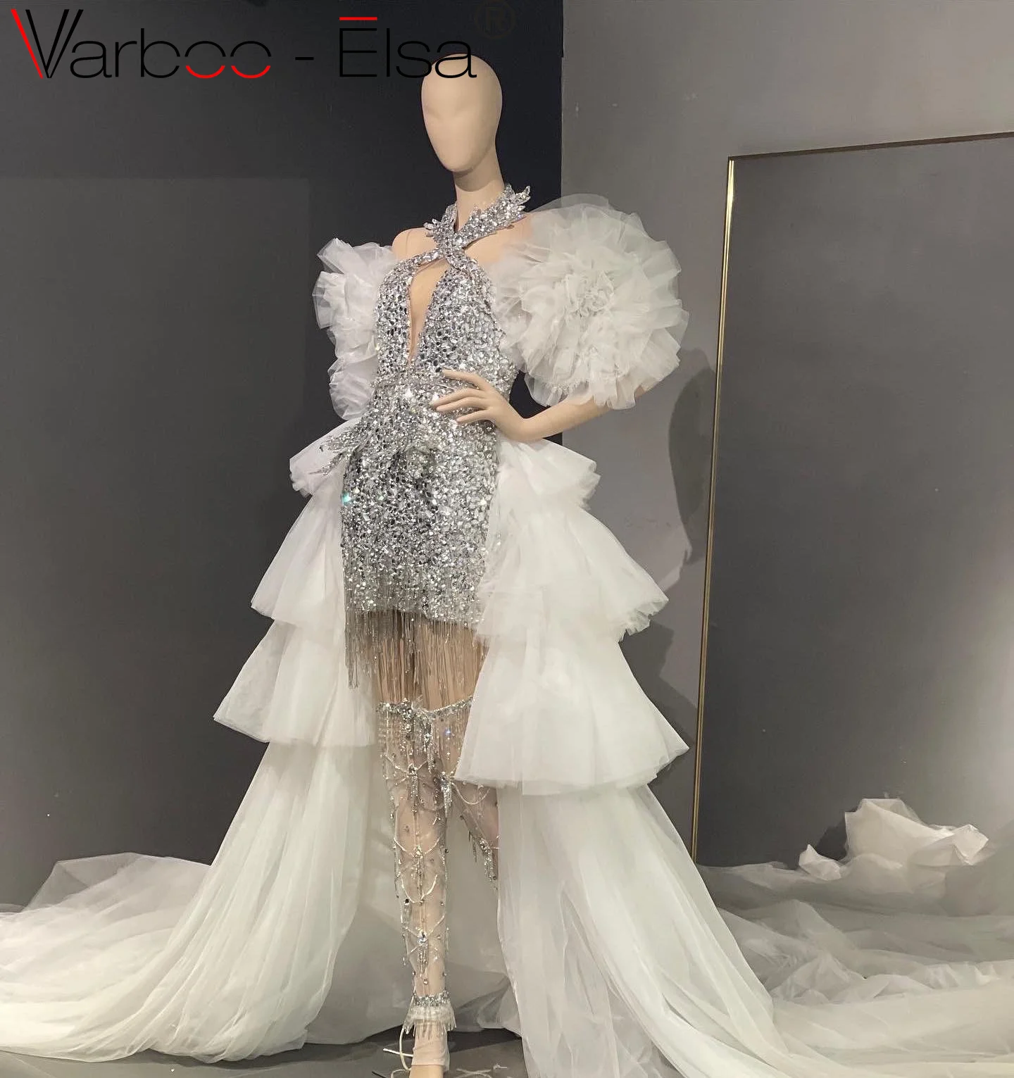 Varboo_Elsa Dubai Heavy Crystal Beaded Short Evening Dress Halter Crystals  Ruffle Prom Gowns With Detachable Train Custom Made - AliExpress 320