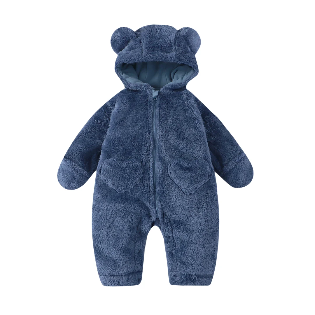 2025 Winter Newborn Baby Cartoon Bear Plush Onesie Hooded Ear Fluffy Romper Unisex 0-12M Thermal Infant Jumpsuit Warm Outfit
