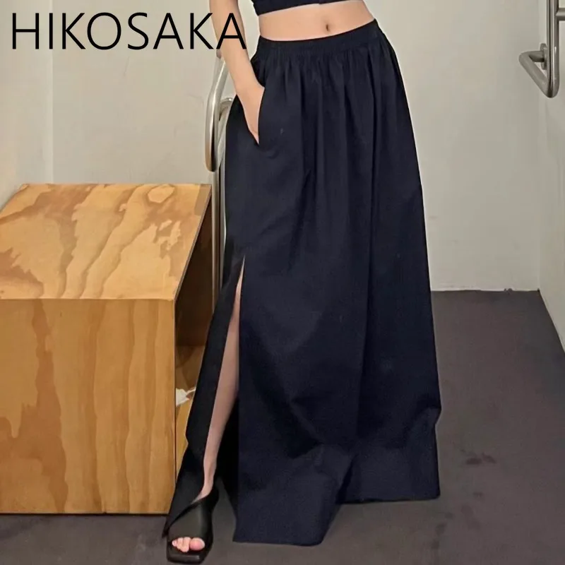 

Vintage Street Elastic High Waist A-line Skirts Sexy Side Split Midi Length Jupe Solid All-match Casual Faldas Mujer 2024 Summer