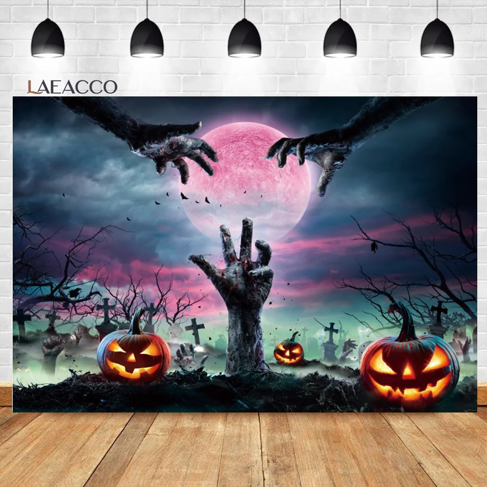 Laeacco Halloween Backdrops for Photography Cemetery Graveyard Horror Night Shining Pale Moon Kids Adults Portrait Background