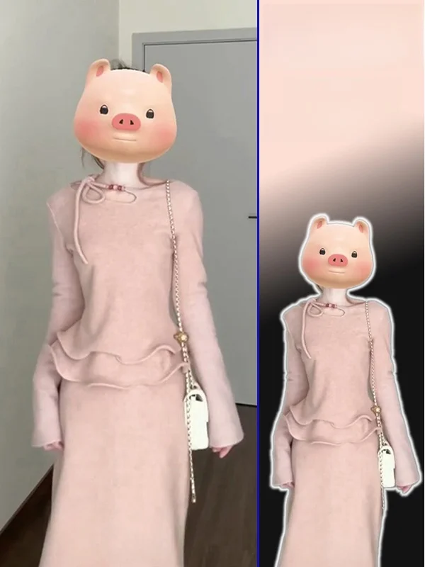 

Pink High Waist f Body Skirt And Top Set plus Size Gentle Sle Spring Autumn Design Sense Belted irt Two Piece Set