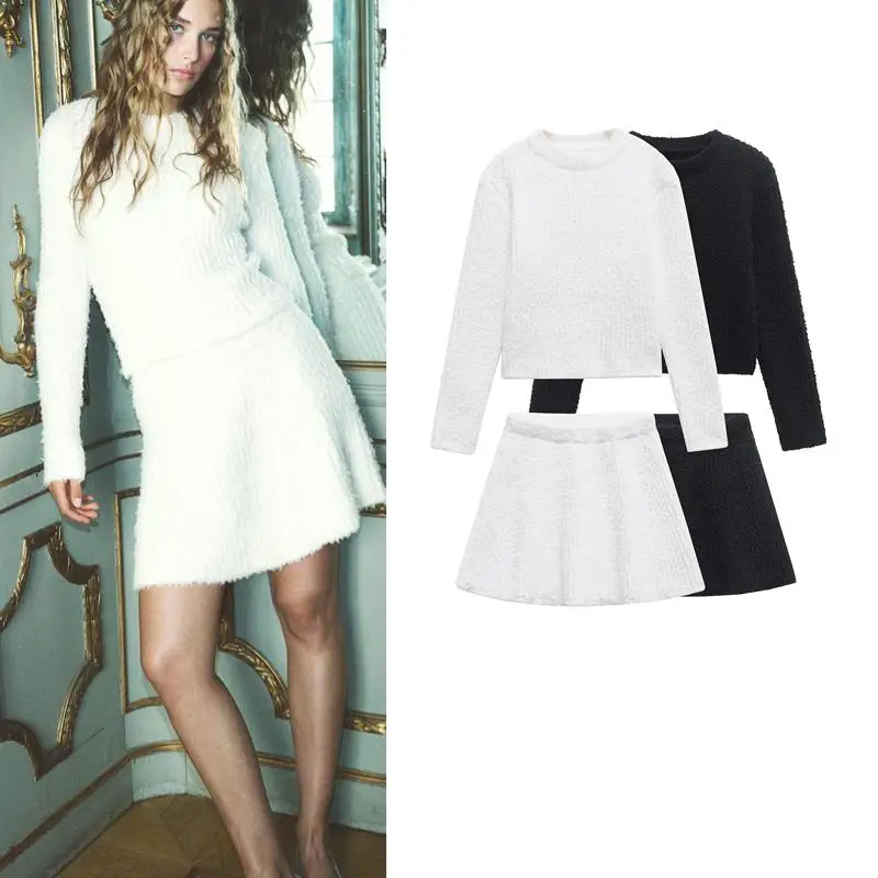 

Autumn Winter New Women's Knitted Plu Long Sve round Ne Sweater Dr Faionable Tee-Piece Set ort Pants Included