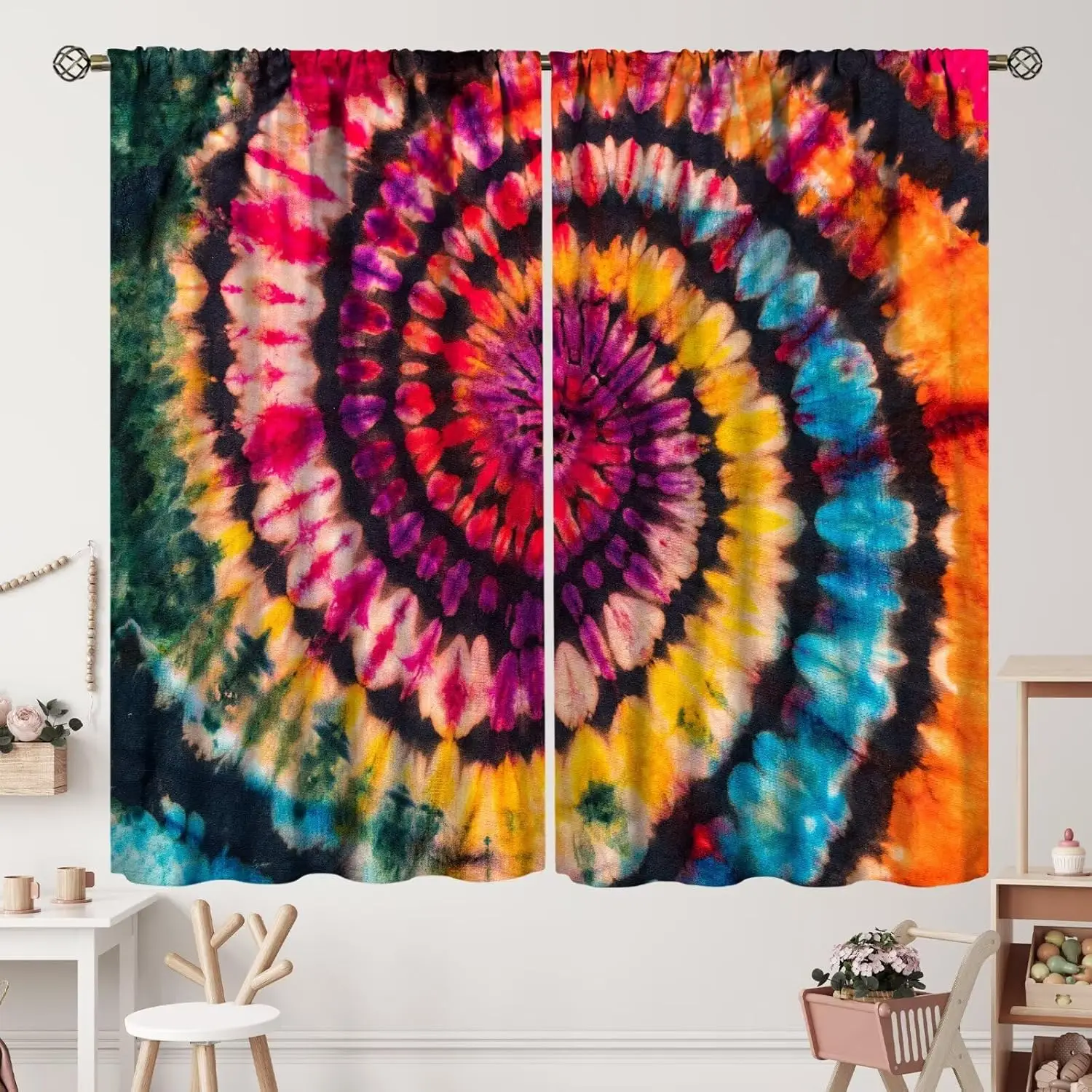 Tie Dye Curtains Spiral Bohemian Watercolor Swirl Ethnic Gypsy Trippy Indian Artsy Curtain with Rod Pocket for Bedroom 2 Panels