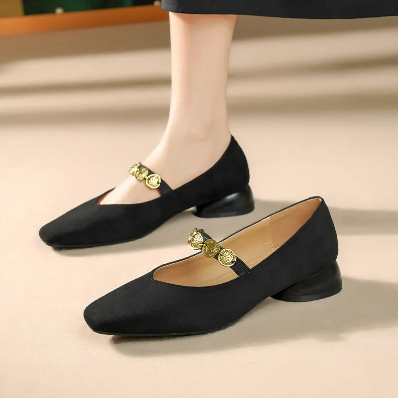 Plus Size 34-41 Women's Natural Suede Leather Metal Buckle Square Toe Slip-on Mary Jane Flats High Quality Soft Comfort Shoes