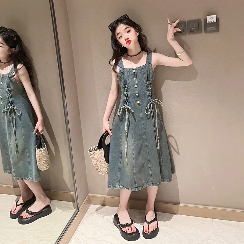 Summer teen Girls Denim Dress Girls Waist Cinched Suspender Dresses 4-14 roupa infantil menina 120-170 vestido ocasional clothes