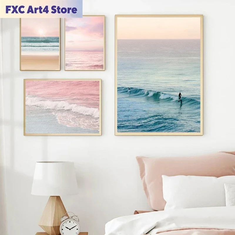 Frameless Blush Pink Beach Sunset Photography Posters and Prints Pastel Clouds Ocean Canvas Painting Wall Art Picture Bedroom Ho