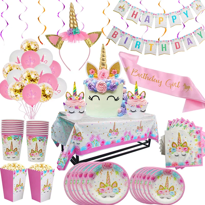 Jednorożec Talerz Serwetka Kubki Jednorożec Materiały imprezowe Balony Dekoracja urodzinowa dla dzieci Baby Shower Dziewczyna Dziecko Materiały urodzinowe