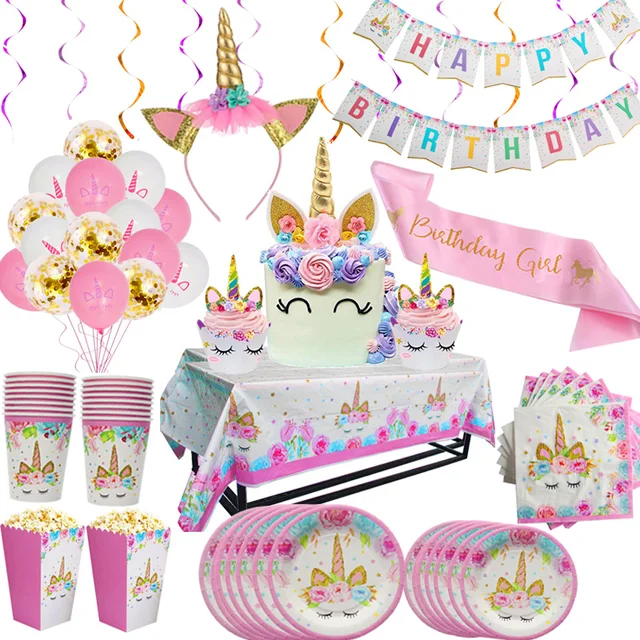 Jednorożec Talerz Serwetka Kubki Jednorożec Materiały imprezowe Balony Dekoracja urodzinowa dla dzieci Baby Shower Dziewczyna Dziecko Materiały urodzinowe