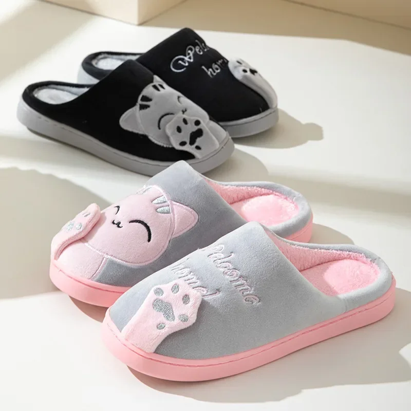 Women Winter Warm Slippers Cartoon Cat Shoes Furry Plush Slides Round Toe Flats Indoor Home Bedroom Floor Slippers Ladies Shoes