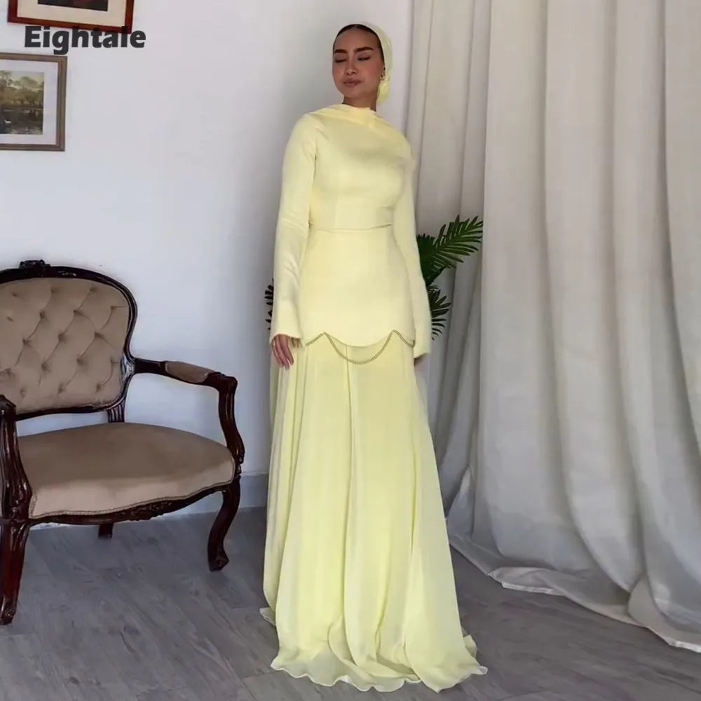 

Eightale Arabic Evening Dress O-Neck Yellow Customized Chiffon Skirt Satin Top Beaded Muslim Mermaid Prom Wedding Party Gown
