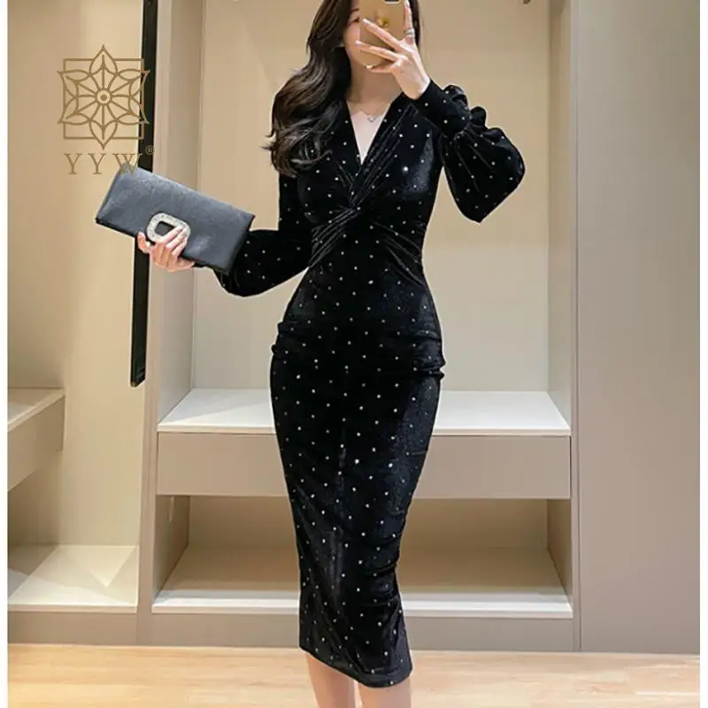 Elegant Polka Dots Women Dress Ladies Banquet Prom Full Sleeve Mermaid Dress V Neck Evening Female Maxi Ball Gown Cocktail Dress