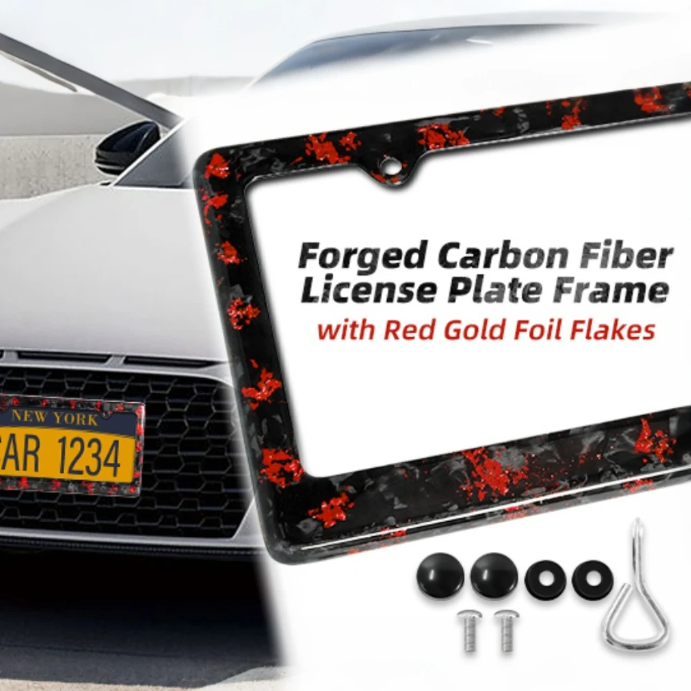 Glossy Red Forged Carbon Fiber License Plate Frame 2-Hole 1 Pack US Standard Universal Car Tag Holder Cover with Screw Caps