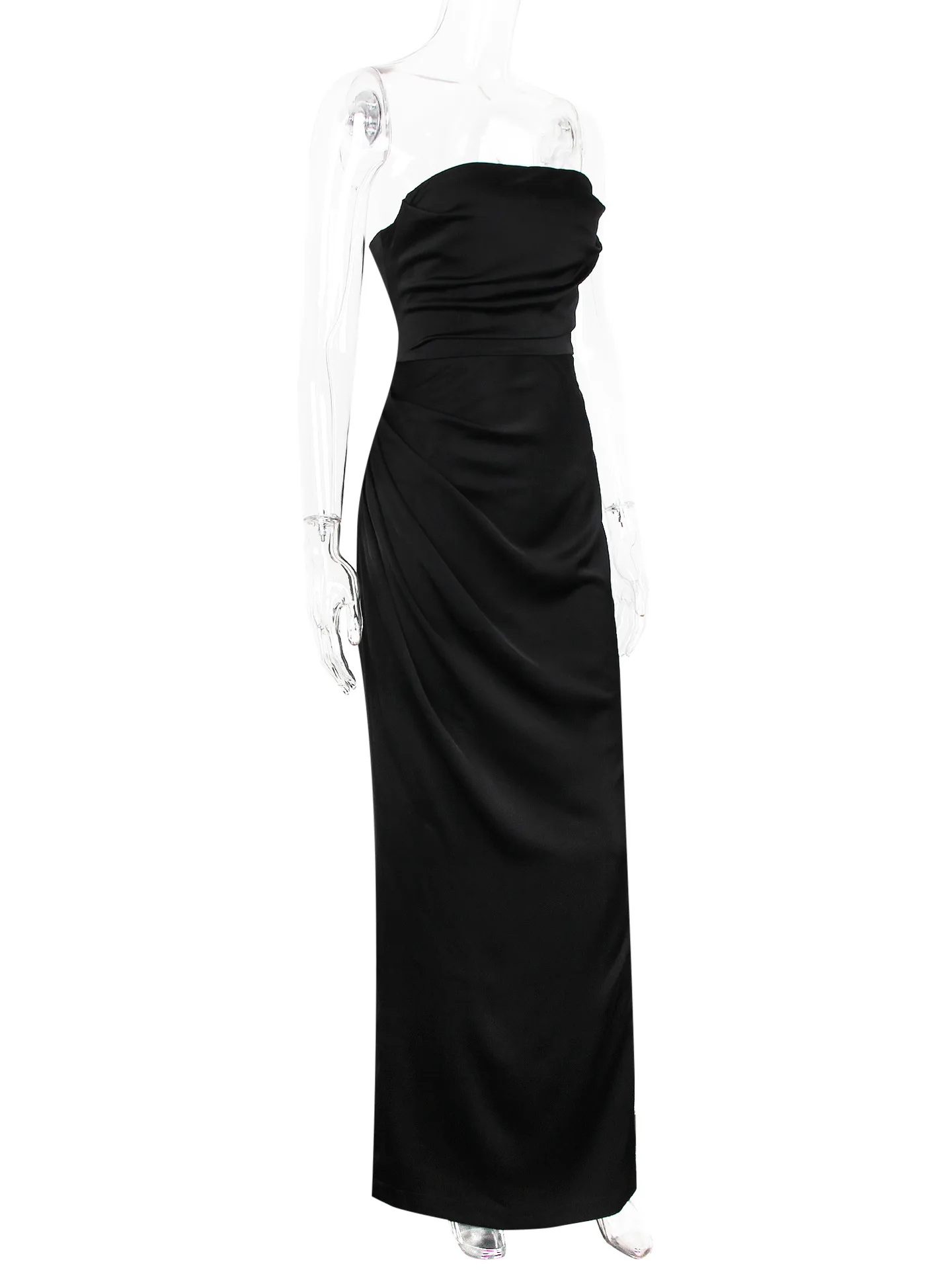 Moda Lato 2025 Nowa Seksowna Sukienka Maxi Damska Bez Ramiączek Satynowa Elegancka Bez Rękawów Marszczona Rozcięcie Obcisła Sukienka Wieczorowa na Pokaz