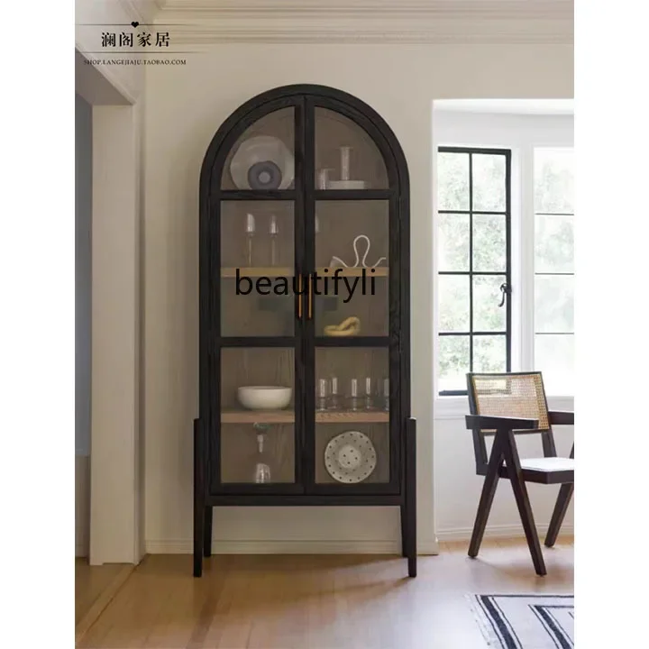 

American solid wood bookcase light luxury glass door wine cabinet dining side cabinet retro arched decorative cabinet