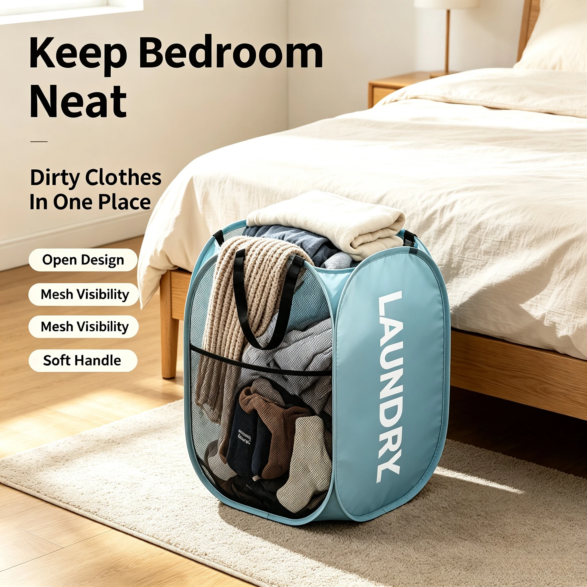 Pop‑Up Mesh Laundry Hamper, Collapsible Space‑Saving Portable Laundry Basket with Side Pocket, Wide Opening Breathable Clothes Storage Hamper for Dormitory, Bedroom, Bathroom, Camping & Travel