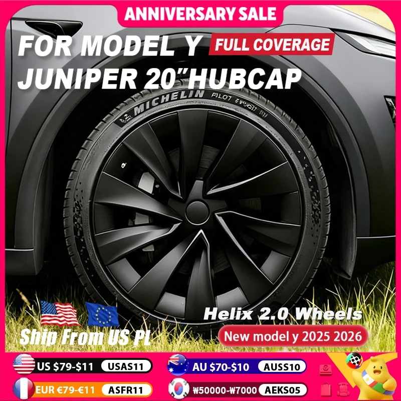 

Комплект из 4 колпаков для колес Tesla Model Y Juniper 2025-2026 Performance, 20 дюймов, замена колпаков MY Helix 2.0, матовый черный, полноразмерные
