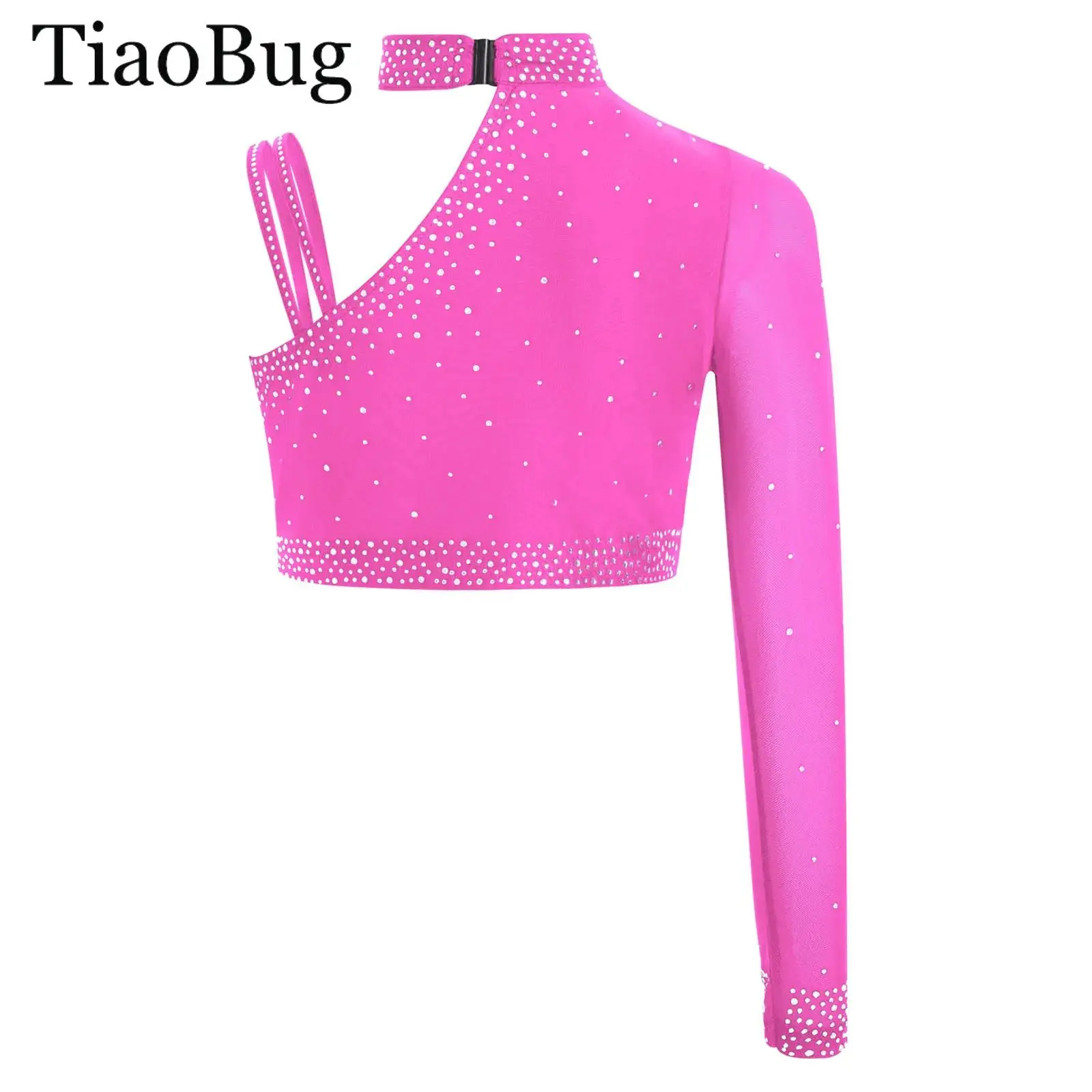 女の子の叙情的なモダンダンス衣装 ワンショルダーラインストーンクロップトップとフリンジボトムスカート バレエ体操現代的なウェア