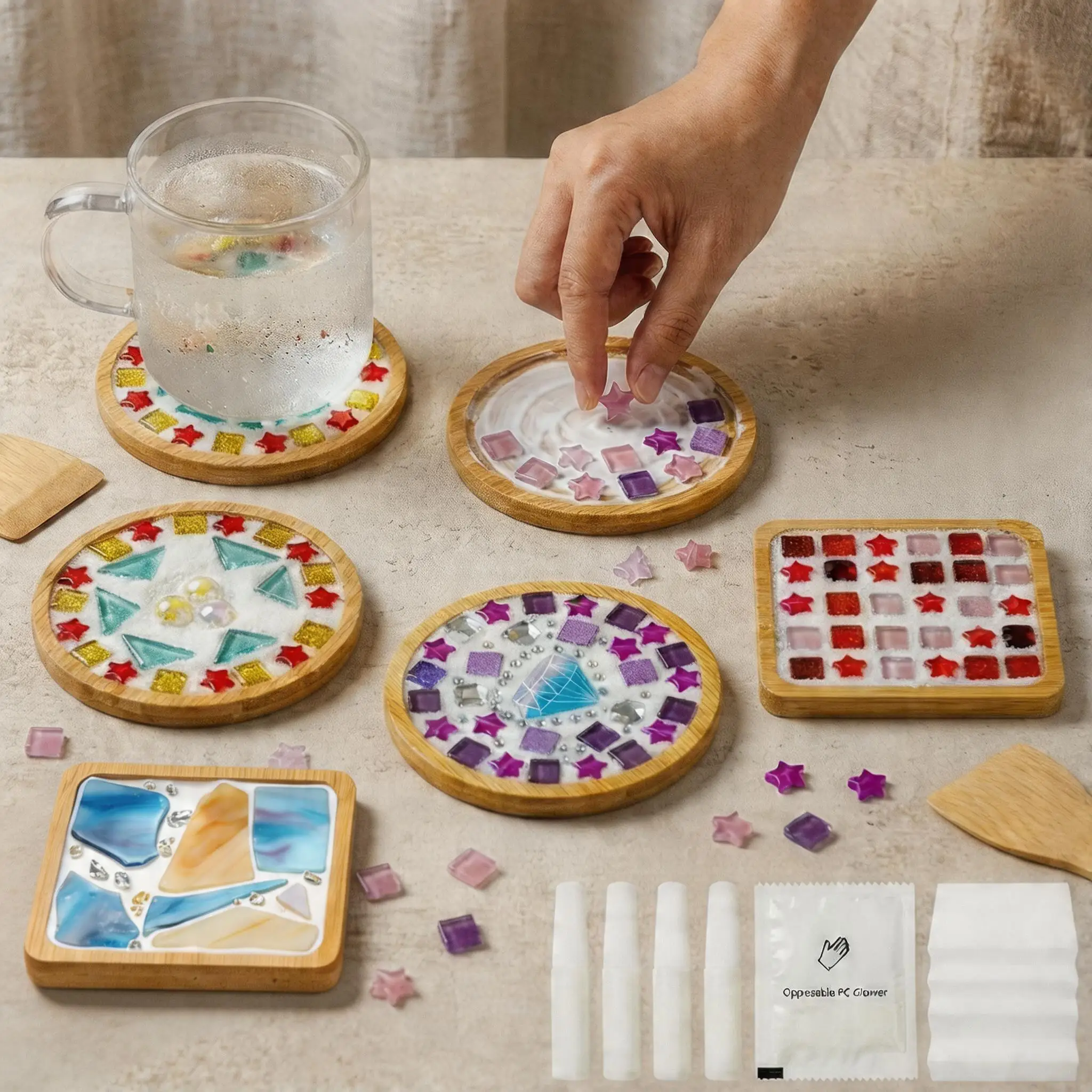 

4Pcs DIY Cup Pad Kit Mosaic Tile Craft Cup Mat Handmade Making Kit Material Set for Cup Tableware Mat Tray Placemat Home Decor