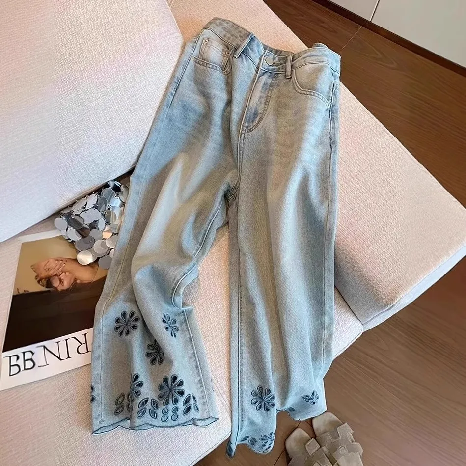 Y2K Women Embroidered Lace Denim Jeans Hollow Out Design High Waist Slim Wide Leg Cropped Pants Summer Thin Fit