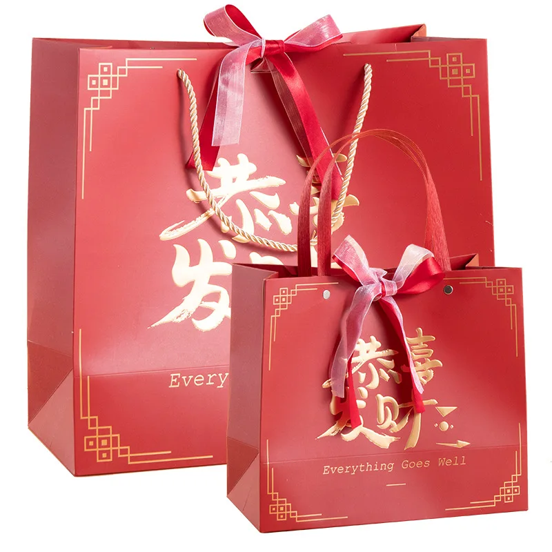 Customized. Lucky Fortune Concave-Convex Gilding Bag Good-looking Red Holiday Handbag Bag Paper Bag