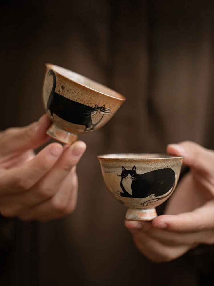 

60ml Cute Zhi Ye Cat Teacup Chinese Ru Yao Ceramic Opening Cup Pottery Beautiful Cups Tea Cup Set Teaware For Tea Ceremony