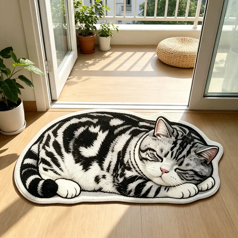 Cute Sleepy Cat Shaped Rug Lazy‑Style Entryway Hallway Decor Floor Mat Soft Fluffy Plush Carpet for Bedroom Bedside Home Decor