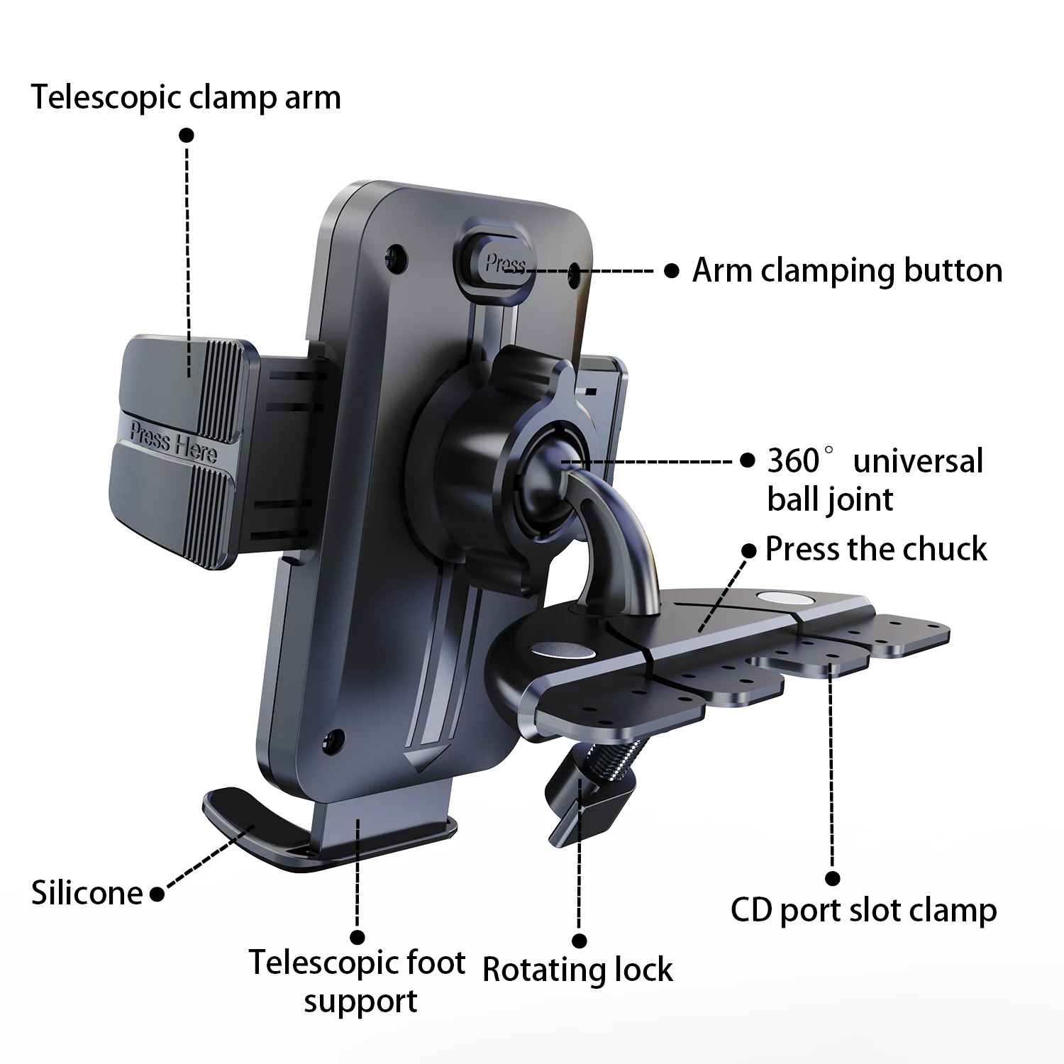 Robuste Telefonhalterung mit CD-Steckplatz und einhandbedienungsdesign, kompatibel mit allen Smartphones und Mobiltelefonen – Detail 4