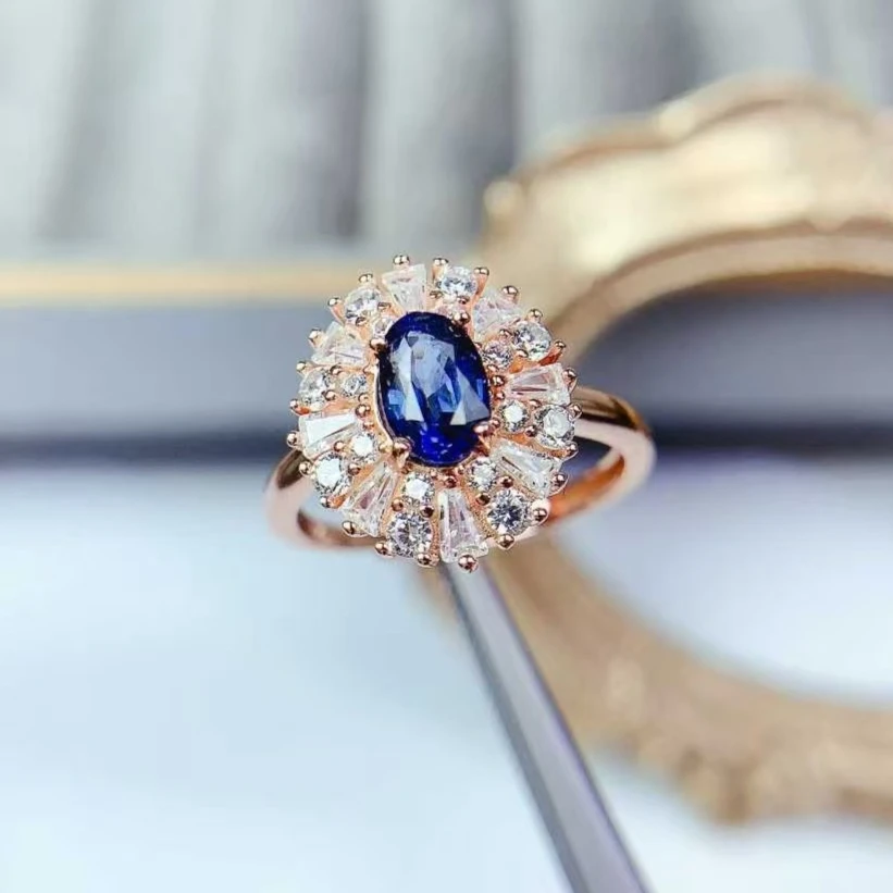 Sparkling 925 Silver Sapphire Ring for Wedding 5mm*7mm 0.7ct Natural Sapphire Ring with 3 Layers 18K Gold Plating