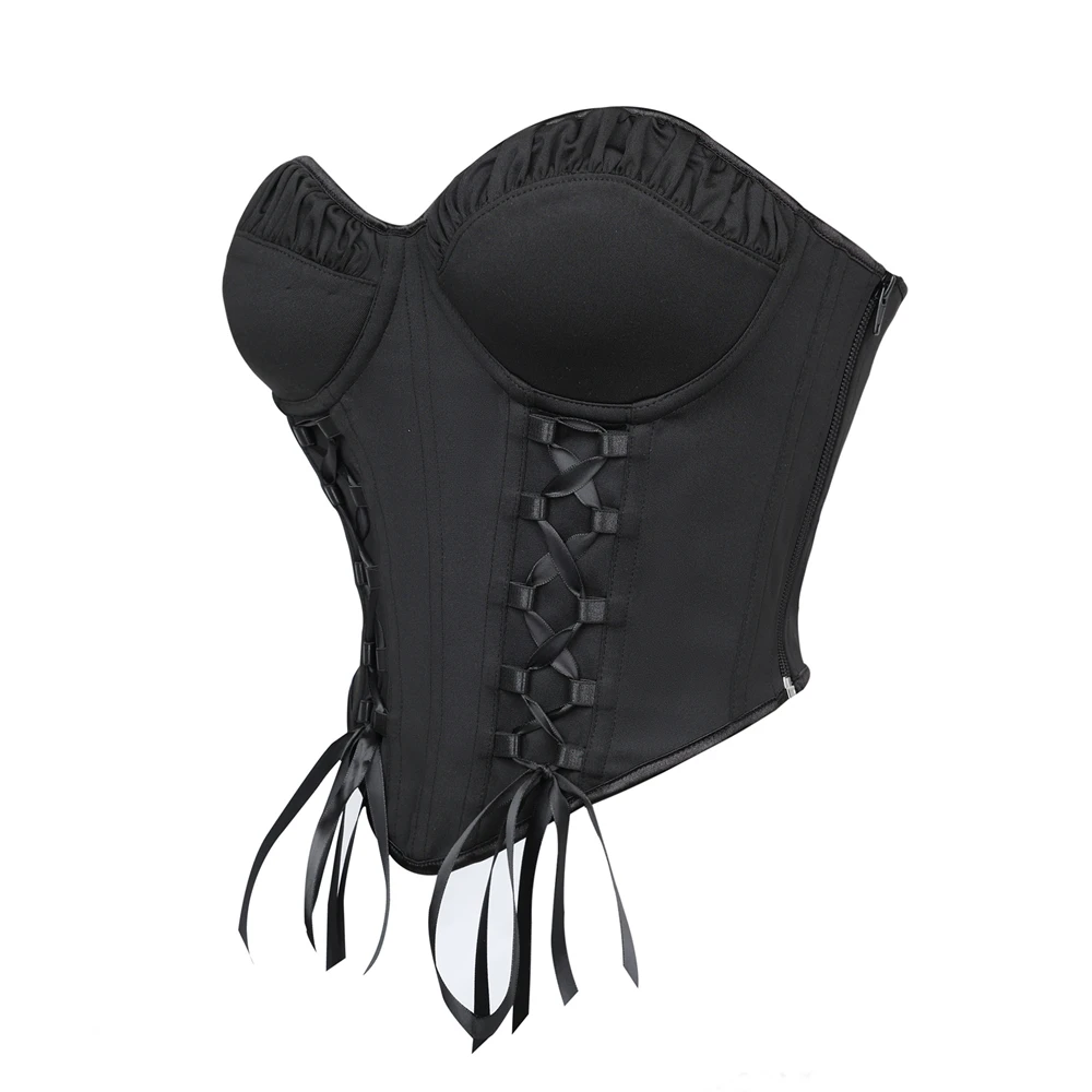 Women Black Simple Overbust Corset Crop Tops Lace Up Boned Bodice Side Zipper Fashion Strapless Bustier