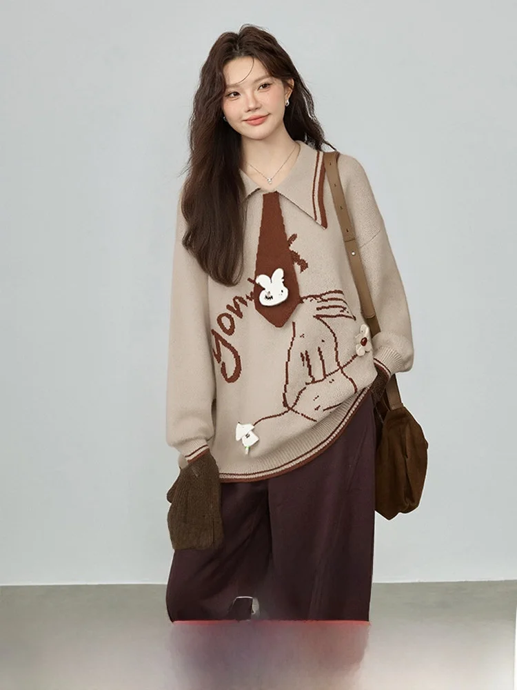 

Вязаный свитер с вышивкой кролика, большой размер, зимний, модный, в стиле колледж, свободный крой, корейский стиль, шерстяной, с узлами