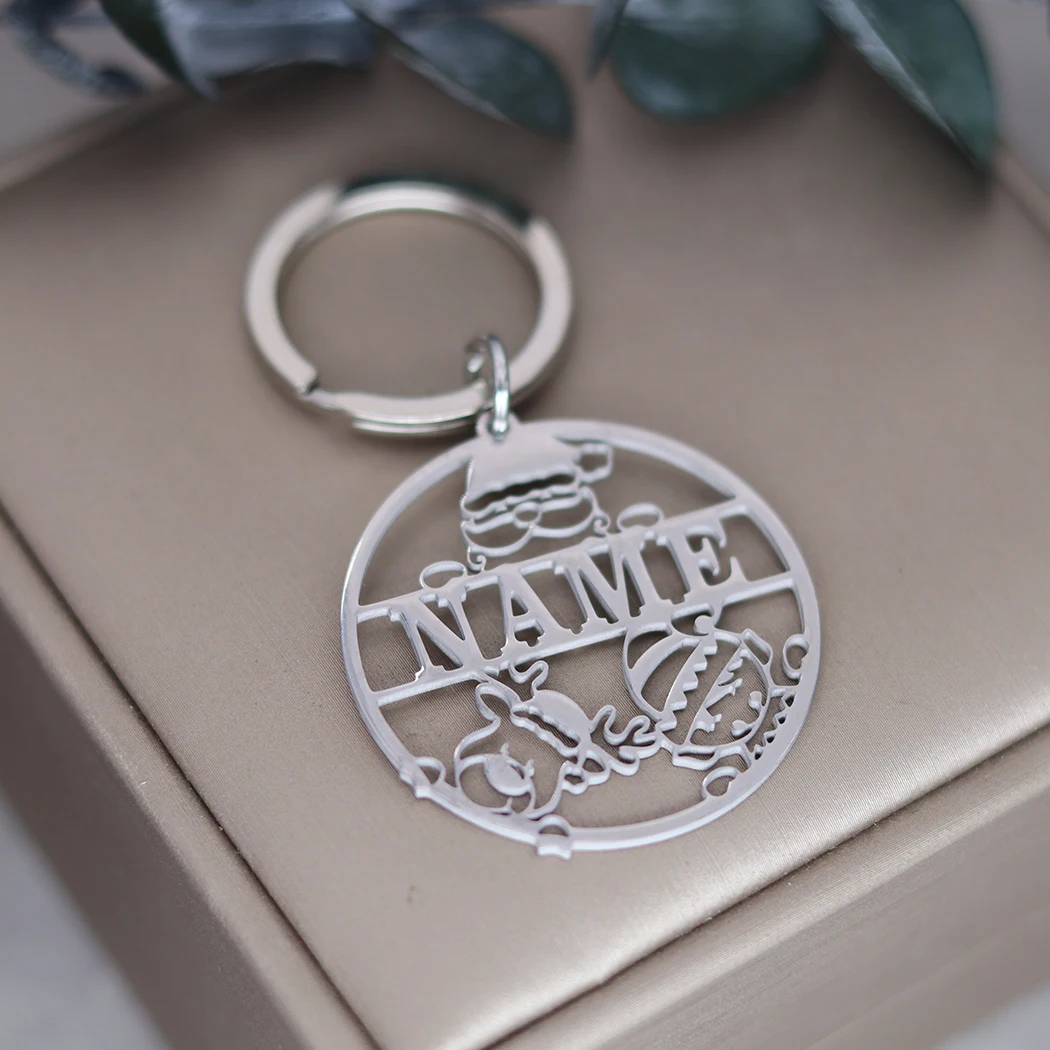 Custom Name Santa Claus Keychain Personalized Stainless Steel Pendant Keychains Customized Nameplate Keyring Gift for Christmas