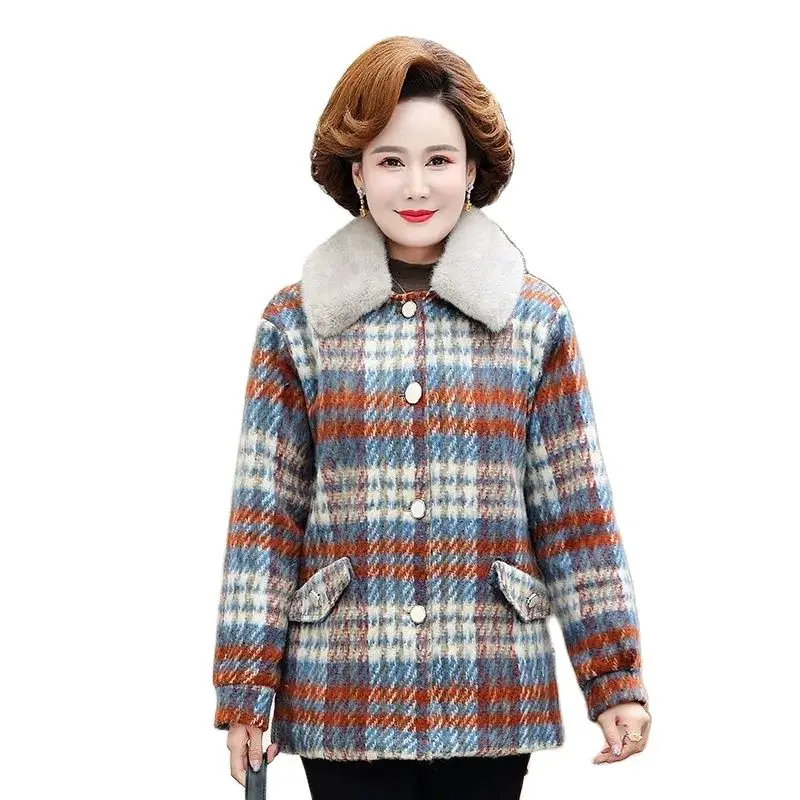 

NEW Autumn Winter Mother Wool Coat Add Velvet Thick Warm Women Parkas Plaid Outwear Middle-aged Female Woolen Blended Jacket 5XL