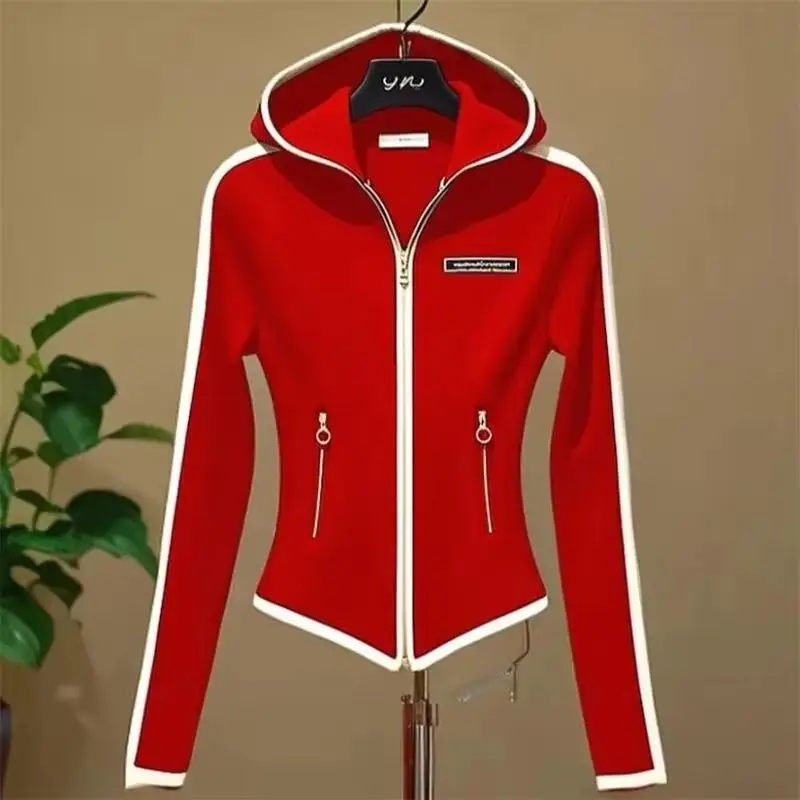 

2025 Women Jacket Sports Red Zipper Hooded Short Coat Women's Autumn Casual Chic Super Nice Waist-Shrinking and Slim Top Female