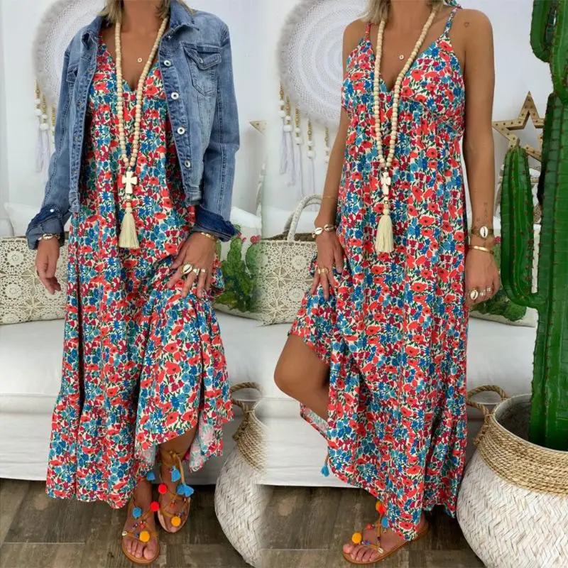 Frauen Boho Blumen Maxi kleid Party Riemchen Baumwolle Kleid Sommer Strand Urlaub Spaghetti träger Sommerkleid plus Größe 3xl 4xl 5xl