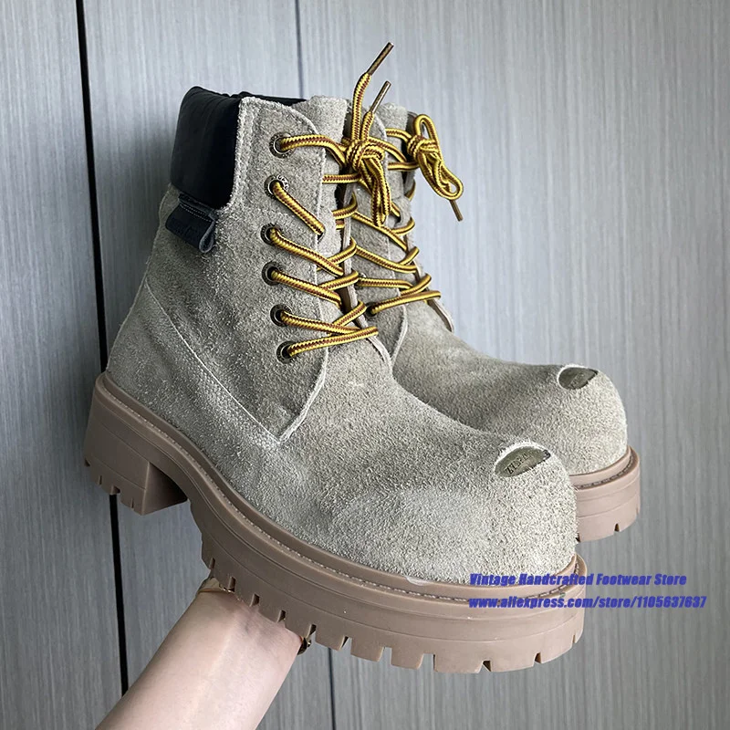 Red Suede Thick Sole Men's Boots Round Toe Platform Lace Up Ankle Booties Luxury Designer Trendy Height Increasing Men's Boots view 3