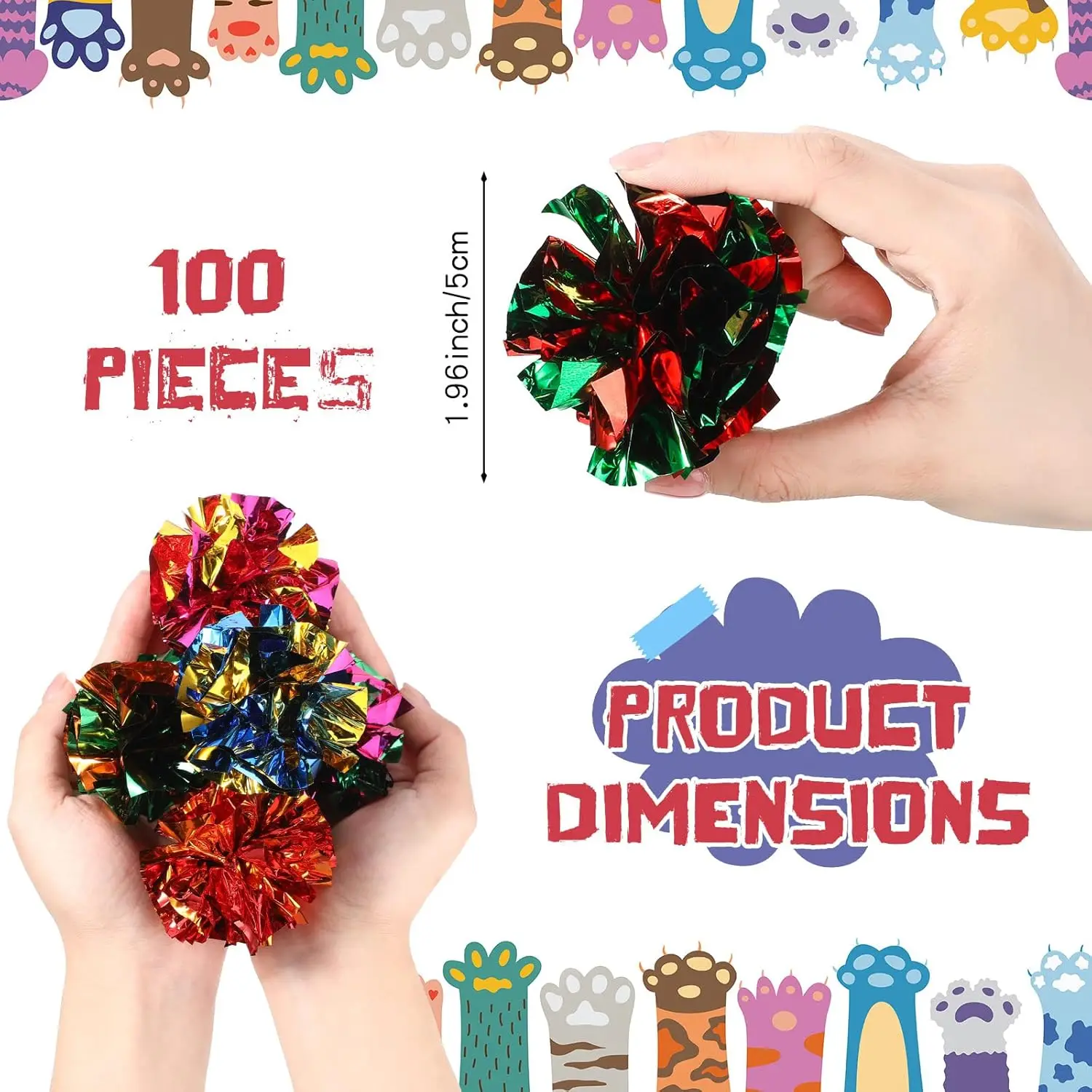 100 Pieces Crinkle  Balls Toys Bulk 2.'' Polyester Film  Balls  Interactive Crinkle Toys for Kittens Exercise Chase Lightweight