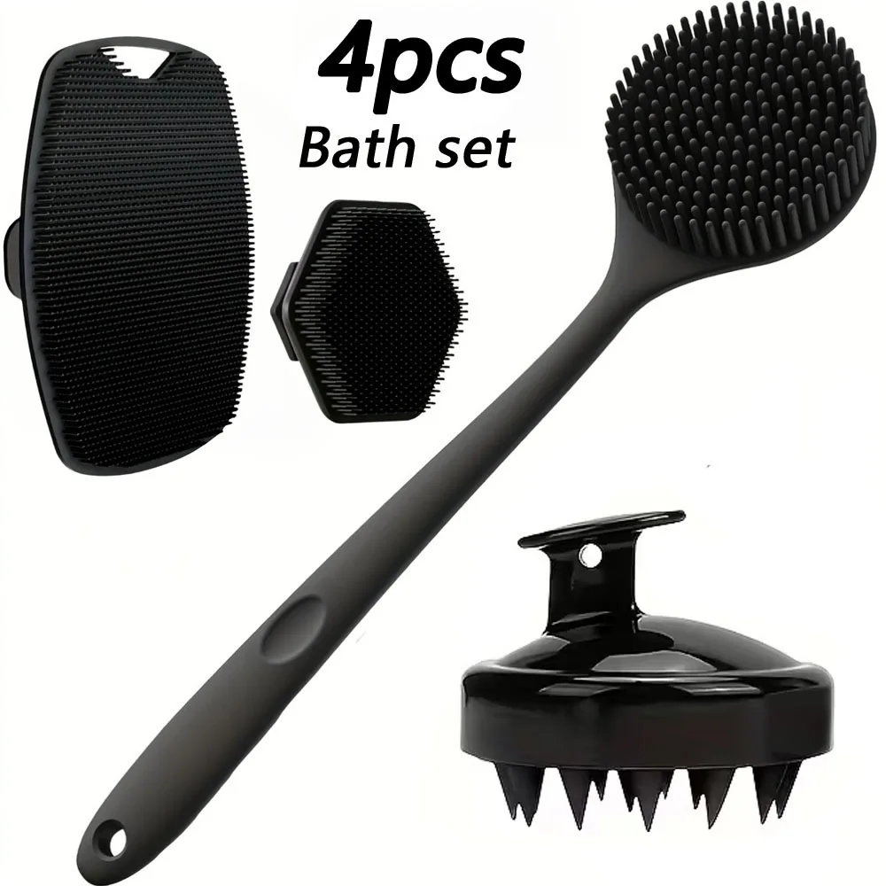 A four-piece bath brush set that can be used for back, face, body and head massage.