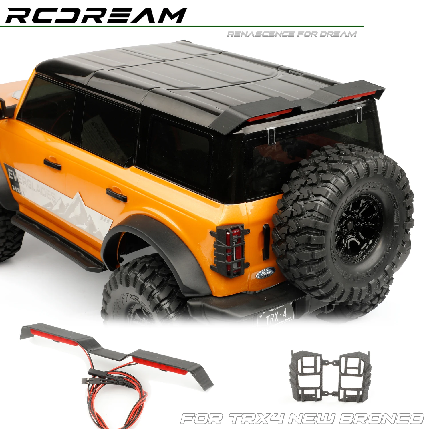 RCDream 1/10 Roof-mounted Rear Wing with LED Lights Tail Light Cover Protective Guard Mesh for TRX4 TRX-4 New Bronco