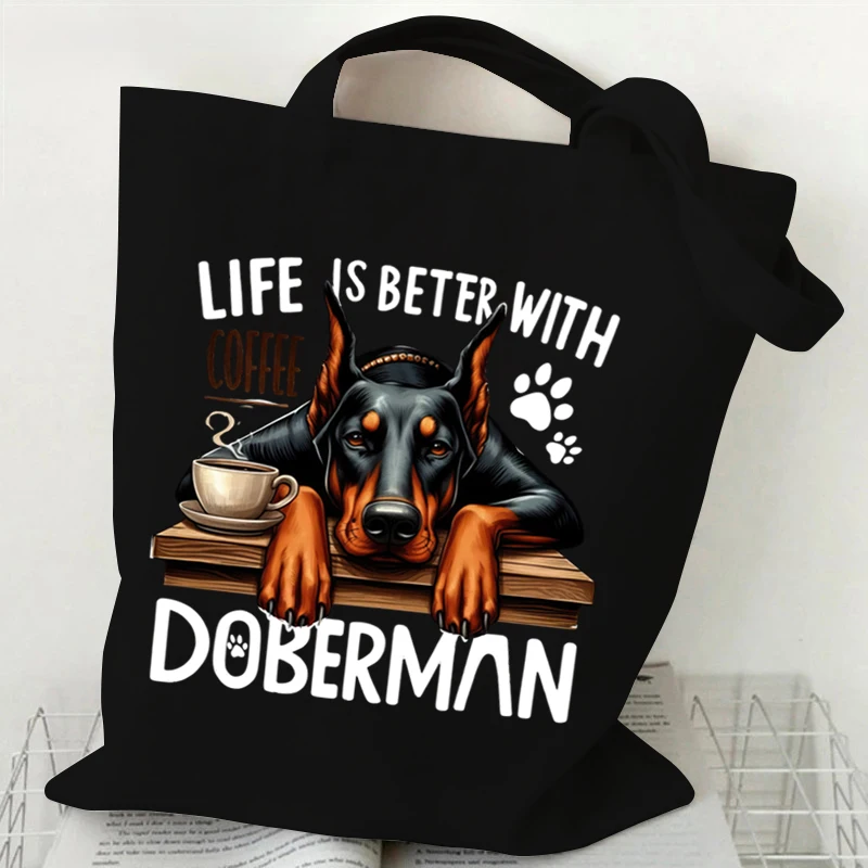 Bolso de hombro de lona con estampado de perro de dibujos animados divertidos para hombres y mujeres, "Life Is Better with A Dachshund/Doberman", amantes de los animales, bolsos para estudiantes